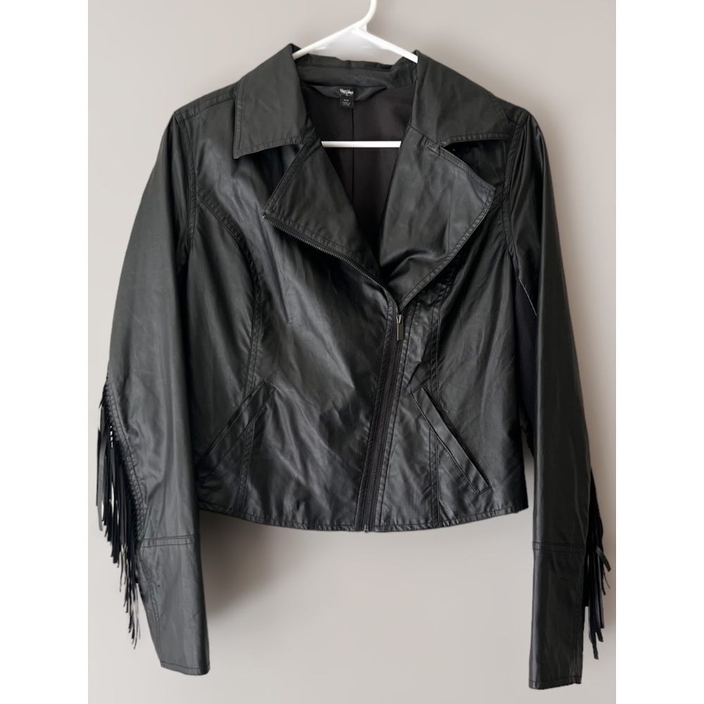 Mossimo Women's Black Faux Vegan Leather Fringe Motorcycle Jacket Size M